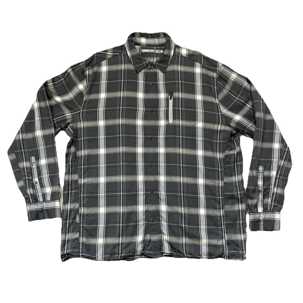 Icebreaker Merino Wool Plaid Long Sleeve Button Up Shirt Black Gray Men's XL
